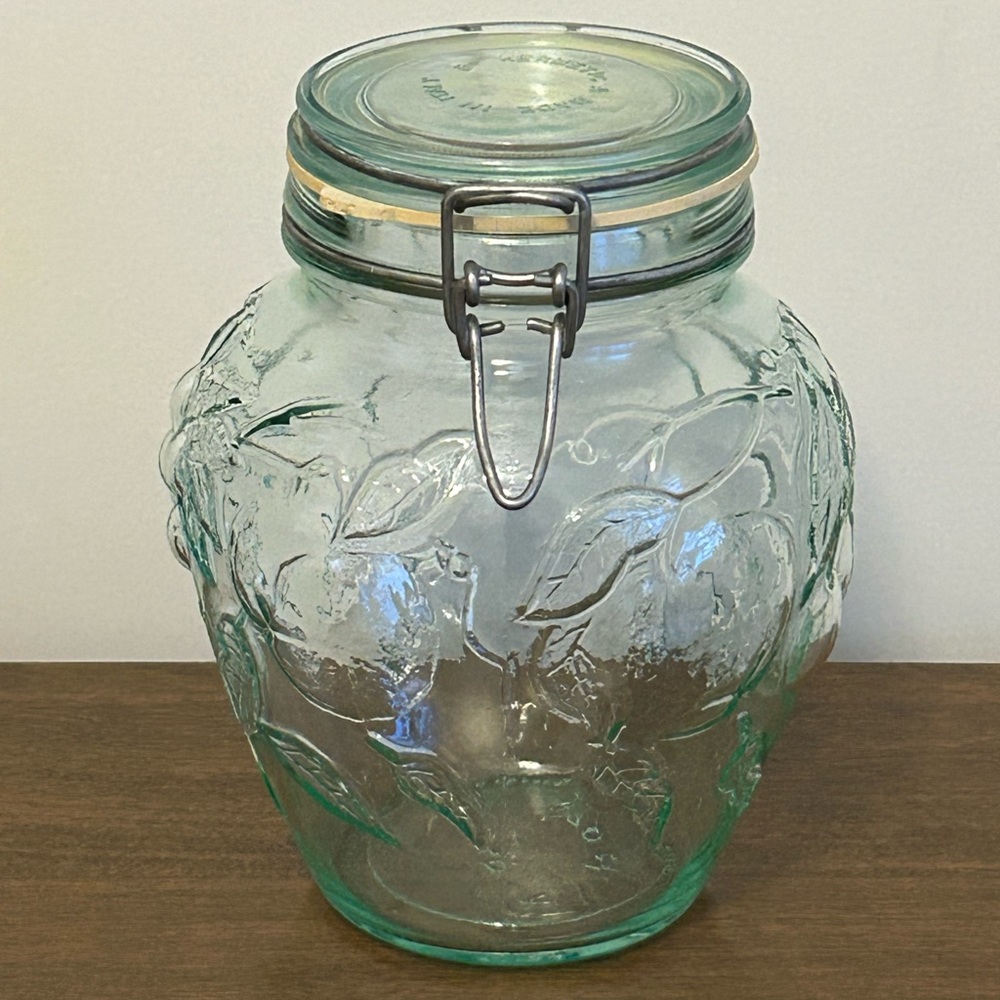 HERMETIC GREEN TINT GLASS FRUIT EMBOSSED CANISTER & WIRE BAIL LID MADE IN ITALY